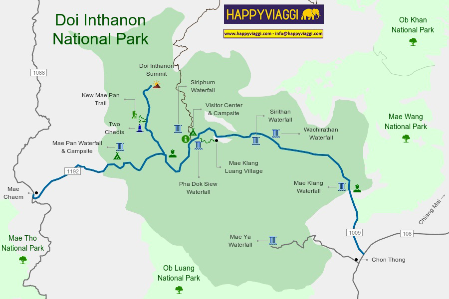 Mappa Cartina del Parco Nazionale Doi Inthanon, Chiang Mai, Nord Thailandia